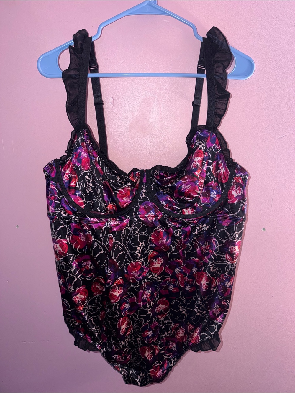 Torrid Floral Lace-Trim Chemise Bodysuit in Black and Purple